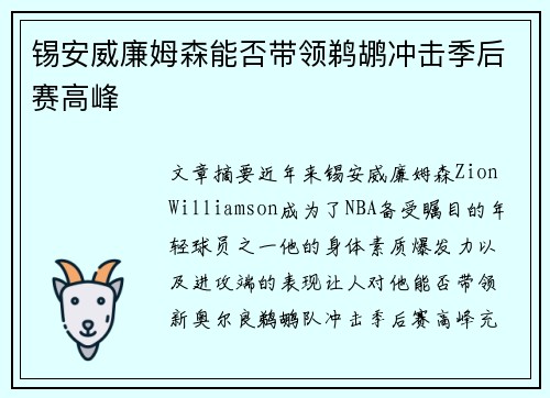 锡安威廉姆森能否带领鹈鹕冲击季后赛高峰