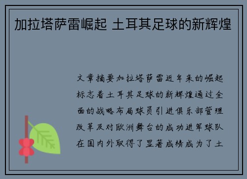 加拉塔萨雷崛起 土耳其足球的新辉煌